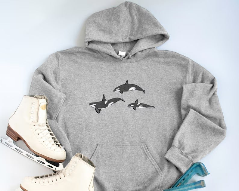 Orca Whales Embroidered Sweatshirt, Trio Orca Killer Whale Crewneck Jumper, Embroidered Orca Unisex Sweatshirt, Awareness Animal Lover Gift