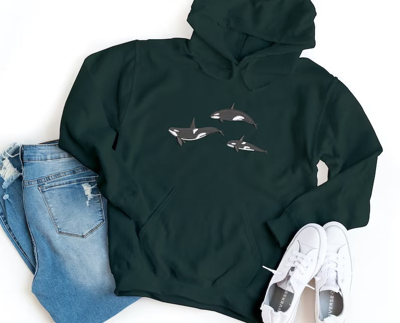 Orca Whales Embroidered Sweatshirt, Trio Orca Killer Whale Crewneck Jumper, Embroidered Orca Unisex Sweatshirt, Awareness Animal Lover Gift