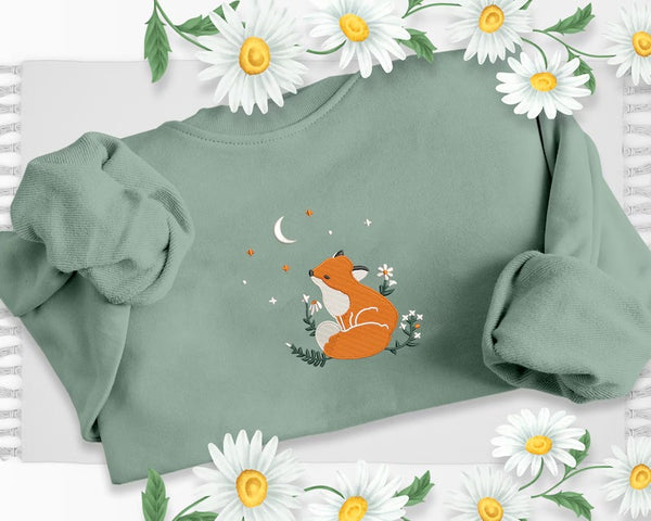 Vintage Aesthetic Fox Moon Art Sweatshirt, Embroidered Floral Daisy Design Unisex Crewneck Sweater, Cute Nature Forest Fox Minimalist Jumper