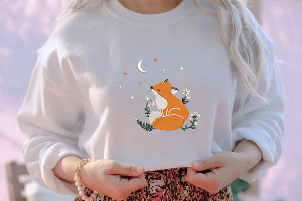 Vintage Aesthetic Fox Moon Art Sweatshirt, Embroidered Floral Daisy Design Unisex Crewneck Sweater, Cute Nature Forest Fox Minimalist Jumper