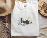 Floral Book Aesthetic Embroidery Cat Sweatshirt, Daisy Flower Crewneck Jumper, Reading Cat Sweatshirt, Cute Bookish Sweater, Cat Lover Gift