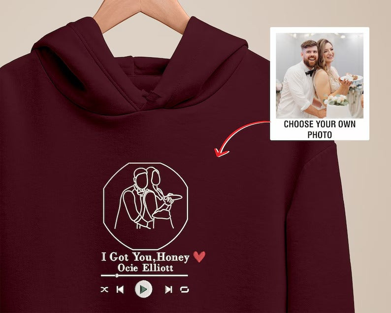 Custom Song Lyrics Couple Hoodie, Embroidered Photo Outline Drawing Sweatshirt, Matching Couple Anniversary GF BF Jumpers, Album Cover Tops