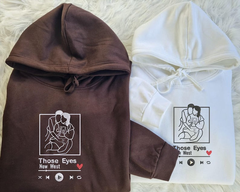 Custom Song Lyrics Couple Hoodie, Embroidered Photo Outline Drawing Sweatshirt, Matching Couple Anniversary GF BF Jumpers, Album Cover Tops