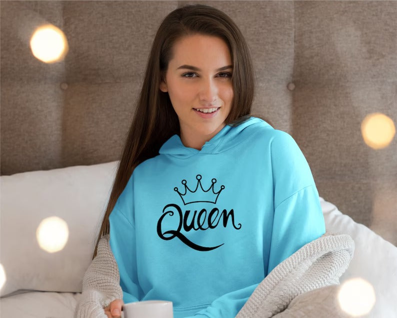 Queen Women's Pullover Hoodie, Valentine Matching Girlfriend Wife Sister Gift , Comfort Color Printed Hooded Sweatshirt, Comfy XS-4XL Size