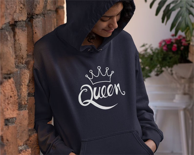 Queen Women's Pullover Hoodie, Valentine Matching Girlfriend Wife Sister Gift , Comfort Color Printed Hooded Sweatshirt, Comfy XS-4XL Size