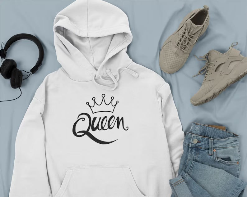 Queen Women's Pullover Hoodie, Valentine Matching Girlfriend Wife Sister Gift , Comfort Color Printed Hooded Sweatshirt, Comfy XS-4XL Size