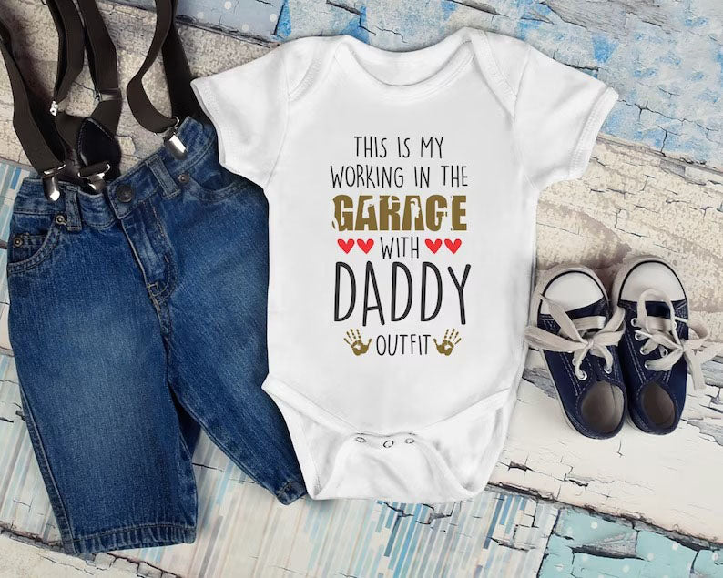 Working In The Garage With Daddy On It Baby Outfit, Mechanic Baby Onsie, Baby Shower Gift Funny Cute Baby Clothes, Garage Baby Grow Bodysuit