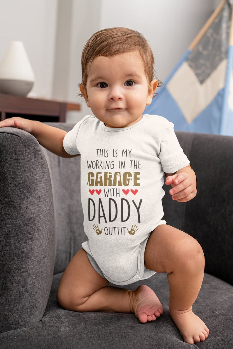 Working In The Garage With Daddy On It Baby Outfit, Mechanic Baby Onsie, Baby Shower Gift Funny Cute Baby Clothes, Garage Baby Grow Bodysuit