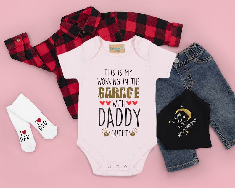 Working In The Garage With Daddy On It Baby Outfit, Mechanic Baby Onsie, Baby Shower Gift Funny Cute Baby Clothes, Garage Baby Grow Bodysuit