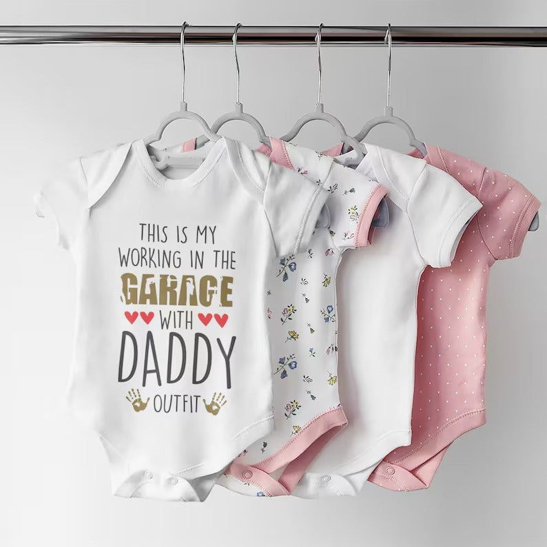 Working In The Garage With Daddy On It Baby Outfit, Mechanic Baby Onsie, Baby Shower Gift Funny Cute Baby Clothes, Garage Baby Grow Bodysuit