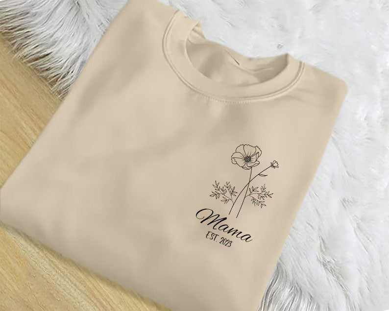 Custom Flower Mama Sweatshirt, Personalised Birth Flower With Year Mom Sweater, Mothers Day Minimalist Pullover Jumper, XS-4XL Sizes Shirt