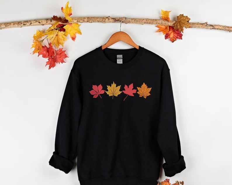 Embroidered Fall Autumn Leaves Sweater, Embroider Maple Leaf Sweatshirt, Halloween Season Falling Dry Leaves Jumper, Autumn Fall Lover Gift