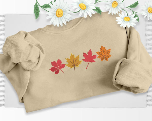 Embroidered Fall Autumn Leaves Sweater, Embroider Maple Leaf Sweatshirt, Halloween Season Falling Dry Leaves Jumper, Autumn Fall Lover Gift