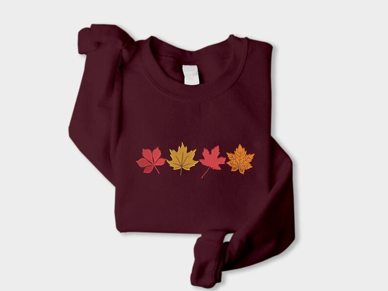 Embroidered Fall Autumn Leaves Sweater, Embroider Maple Leaf Sweatshirt, Halloween Season Falling Dry Leaves Jumper, Autumn Fall Lover Gift