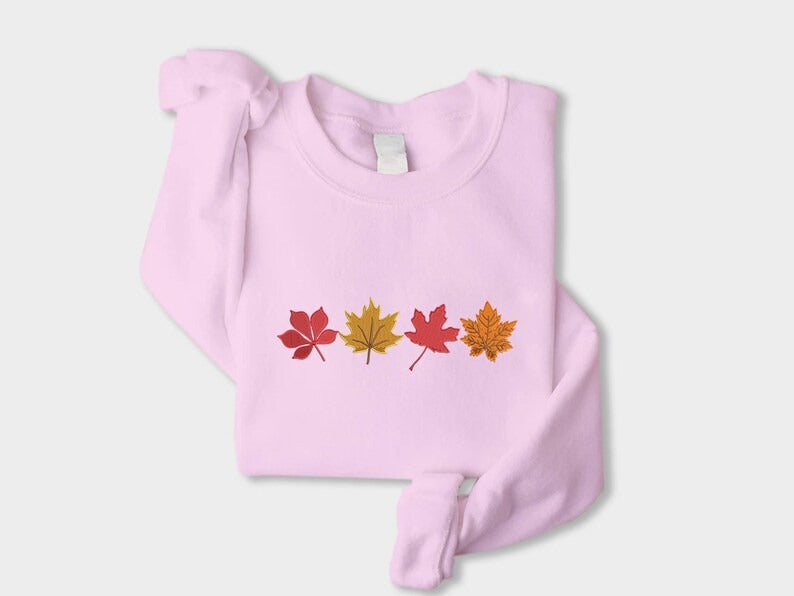 Embroidered Fall Autumn Leaves Sweater, Embroider Maple Leaf Sweatshirt, Halloween Season Falling Dry Leaves Jumper, Autumn Fall Lover Gift