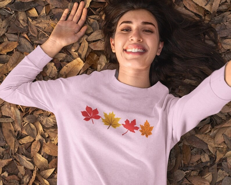 Embroidered Fall Autumn Leaves Sweater, Embroider Maple Leaf Sweatshirt, Halloween Season Falling Dry Leaves Jumper, Autumn Fall Lover Gift