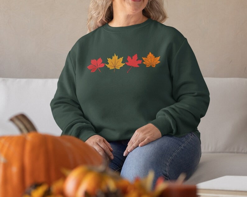 Embroidered Fall Autumn Leaves Sweater, Embroider Maple Leaf Sweatshirt, Halloween Season Falling Dry Leaves Jumper, Autumn Fall Lover Gift