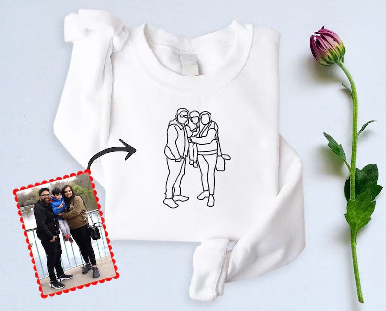 Family Portrait from Photo Embroidered Sweater, Personalised Couple Photo Portrait Sweatshirt, Line Art Outline Embroidery Anniversary Gift