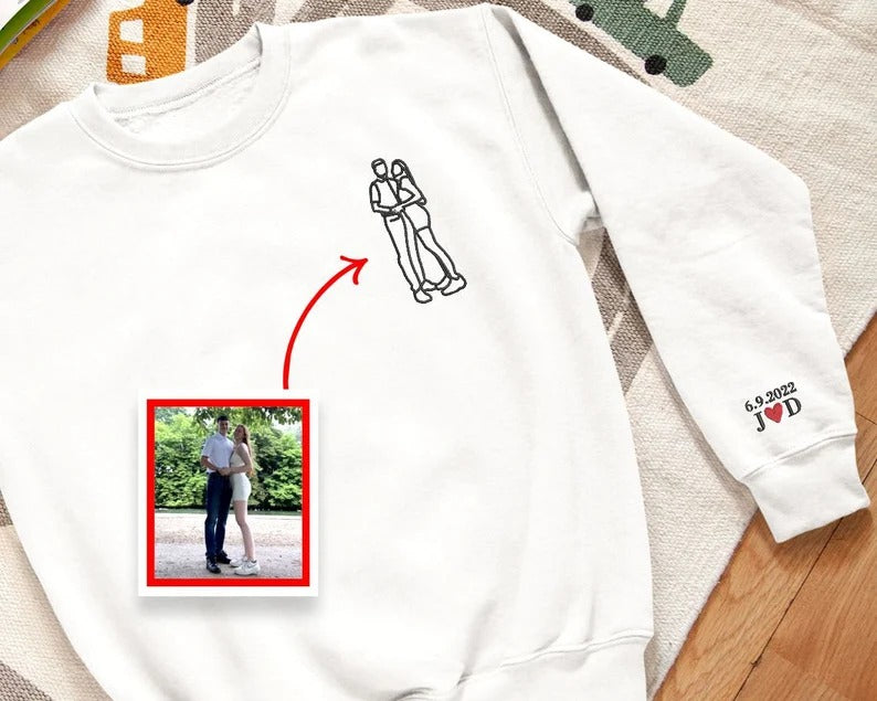 Family Portrait from Photo Embroidered Sweater, Personalised Couple Photo Portrait Sweatshirt, Line Art Outline Embroidery Anniversary Gift