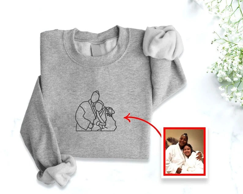 Family Portrait from Photo Embroidered Sweater, Personalised Couple Photo Portrait Sweatshirt, Line Art Outline Embroidery Anniversary Gift