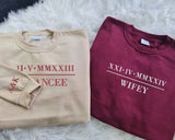 Personalised Roman Numeral Sweatshirt, Embroidered Wifey Initial Heart Crewneck Sweater, Matching Couple Anniversary Outfit, Gift For Her