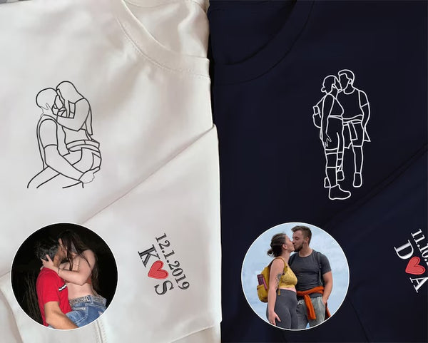 Custom Couple Portrait Embroidered Sweatshirt, Outline Sketch from Photo Matching Hoody, Anniversary Memorial Sketch Photo Shirt, GF BF Gift