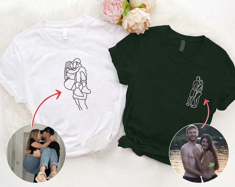 Custom Couple Portrait Embroidered Sweatshirt, Outline Sketch from Photo Matching Hoody, Anniversary Memorial Sketch Photo Shirt, GF BF Gift