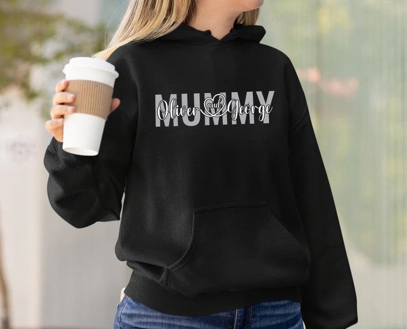 Personalised Mummy Hoodie, Custom Printed Kids Name On Chest Sweatshirt, Comfortable Mom Pullover Sweater, Special Mothers Day Gift For Mum