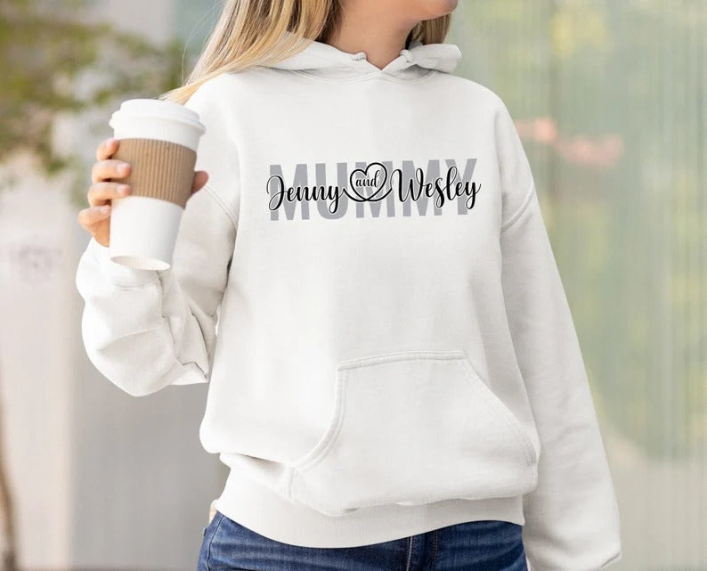 Personalised Mummy Hoodie, Custom Printed Kids Name On Chest Sweatshirt, Comfortable Mom Pullover Sweater, Special Mothers Day Gift For Mum