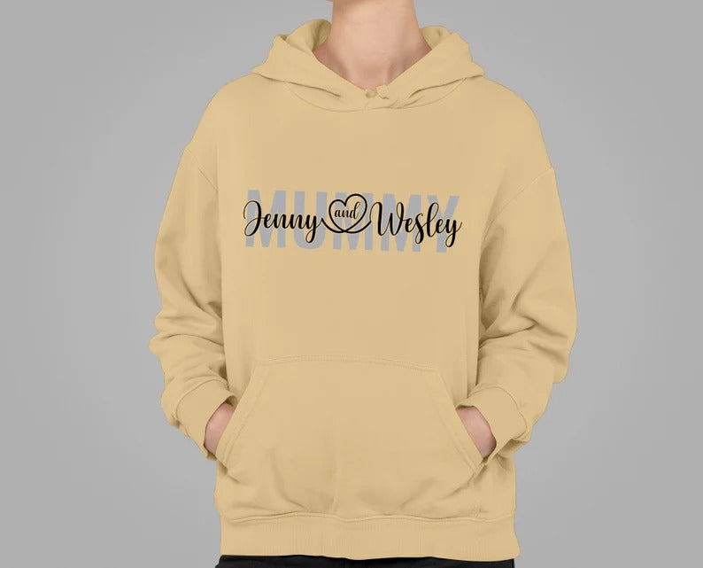 Personalised Mummy Hoodie, Custom Printed Kids Name On Chest Sweatshirt, Comfortable Mom Pullover Sweater, Special Mothers Day Gift For Mum