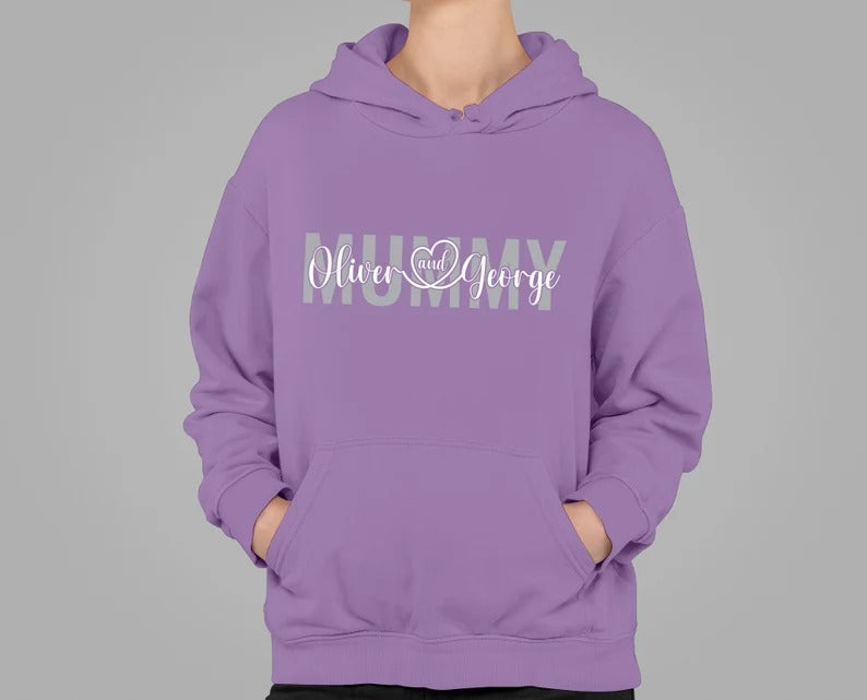 Personalised Mummy Hoodie, Custom Printed Kids Name On Chest Sweatshirt, Comfortable Mom Pullover Sweater, Special Mothers Day Gift For Mum