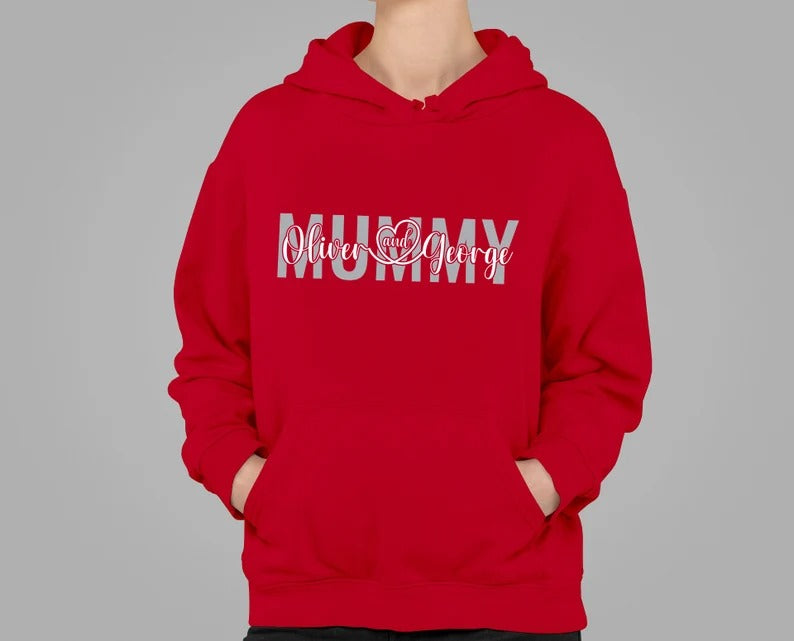 Personalised Mummy Hoodie, Custom Printed Kids Name On Chest Sweatshirt, Comfortable Mom Pullover Sweater, Special Mothers Day Gift For Mum