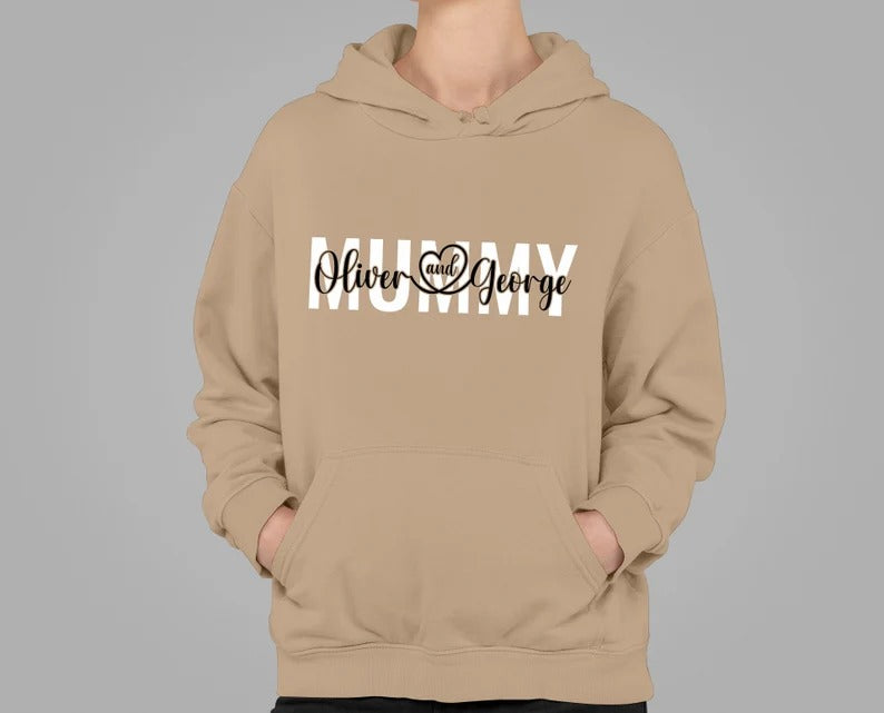 Personalised Mummy Hoodie, Custom Printed Kids Name On Chest Sweatshirt, Comfortable Mom Pullover Sweater, Special Mothers Day Gift For Mum