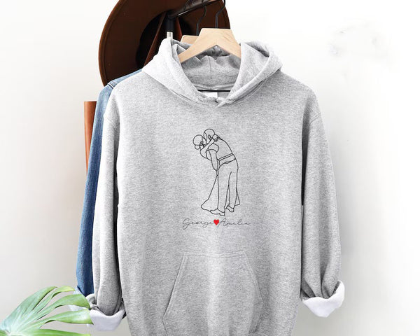 Custom Line Art Photo Hoodie, Personalised Name With Heart Sketch Sweatshirt, Matching Couple Photo Sketch Jumper, Valentines Gift For Him