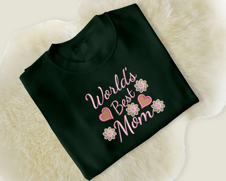 Mom Sweatshirt, Embroidered World Best Mother Crewneck Sweater, Beautiful Flower Comfy Jumper, Mama Mother Day Outfits, Presents for Grandma