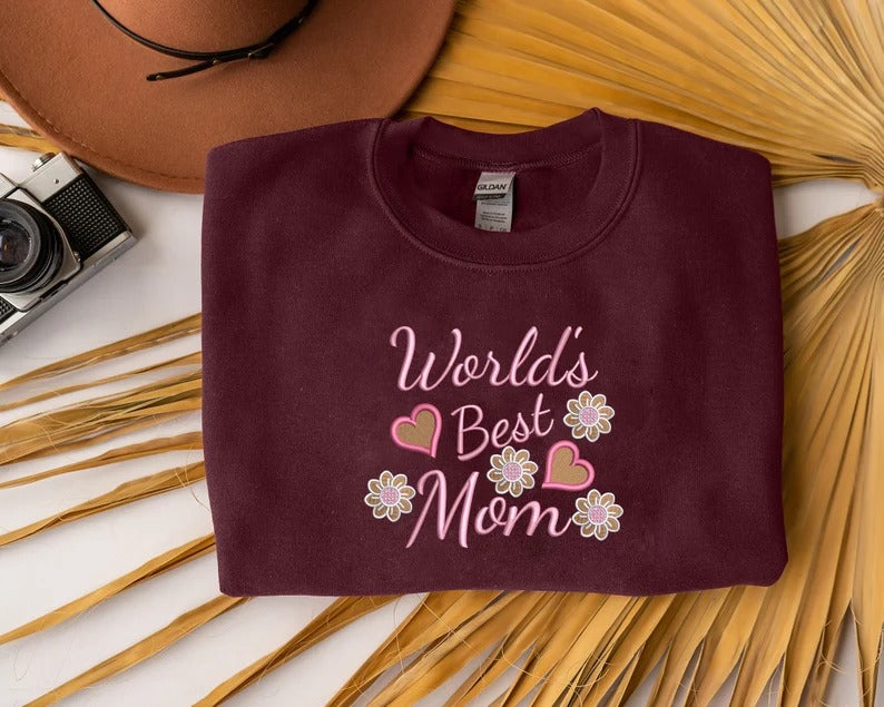 Mom Sweatshirt, Embroidered World Best Mother Crewneck Sweater, Beautiful Flower Comfy Jumper, Mama Mother Day Outfits, Presents for Grandma