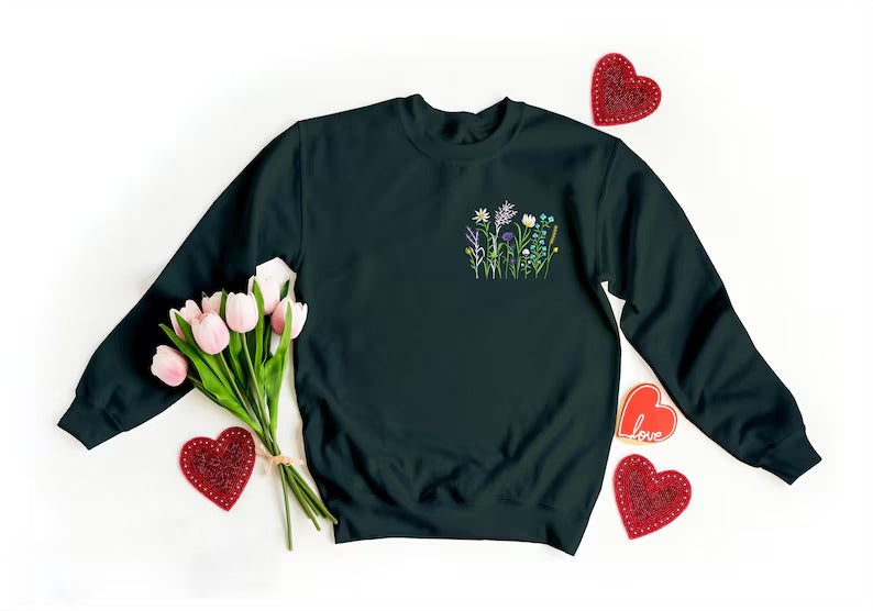 Flowers Sweatshirt, Embroidered Daisy Wildflowers Crewneck Sweater, Beautiful Floral Embroidery Unisex Jumper, Aesthetic Plants Lover Gift