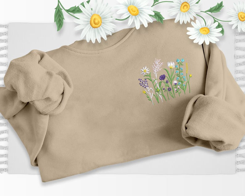 Flowers Sweatshirt, Embroidered Daisy Wildflowers Crewneck Sweater, Beautiful Floral Embroidery Unisex Jumper, Aesthetic Plants Lover Gift