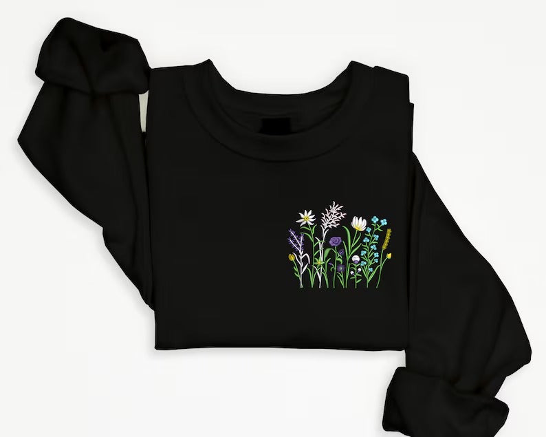 Flowers Sweatshirt, Embroidered Daisy Wildflowers Crewneck Sweater, Beautiful Floral Embroidery Unisex Jumper, Aesthetic Plants Lover Gift