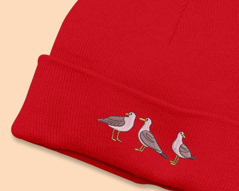 Embroidered Seagull Beanies Hat, Comfort Color Winter Caps, Double Layer Knitted Cuffed Unisex Beanie Hats, Special Gifts for Bird Lovers