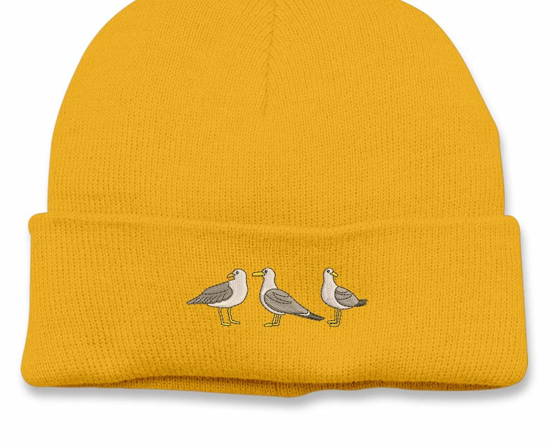 Embroidered Seagull Beanies Hat, Comfort Color Winter Caps, Double Layer Knitted Cuffed Unisex Beanie Hats, Special Gifts for Bird Lovers