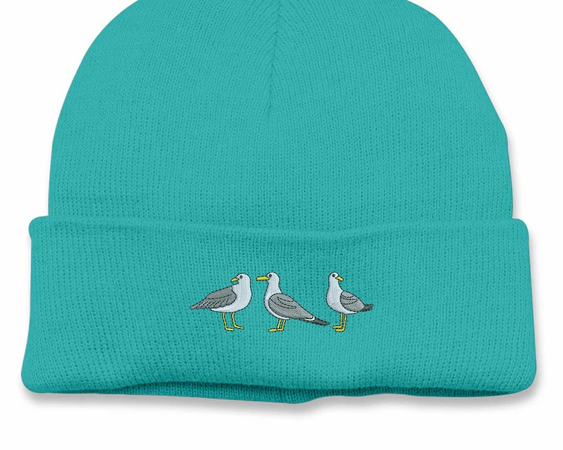 Embroidered Seagull Beanies Hat, Comfort Color Winter Caps, Double Layer Knitted Cuffed Unisex Beanie Hats, Special Gifts for Bird Lovers