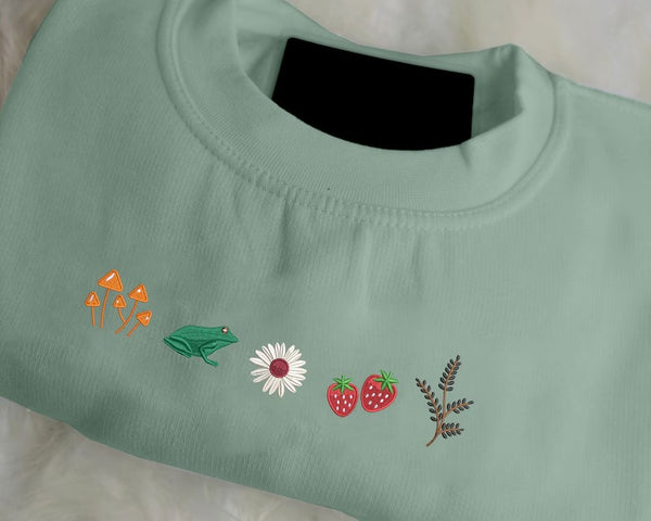 Mushroom Plant Embroidered Crewneck Sweatshirt, Magic Mushroom Frog Botanical Plant Flower Sweatshirt, Cottagecore Jumper, Nature Lover Gift