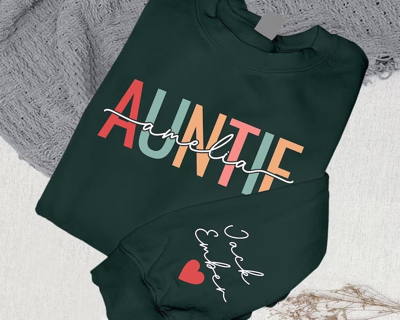 Custom Aunt Name Sweatshirt, Personalised Kid Name On Sleeve Sweater, Beautiful Printed Heart Family Jumper, Cool Aunt Outfit, Gift For Aunt