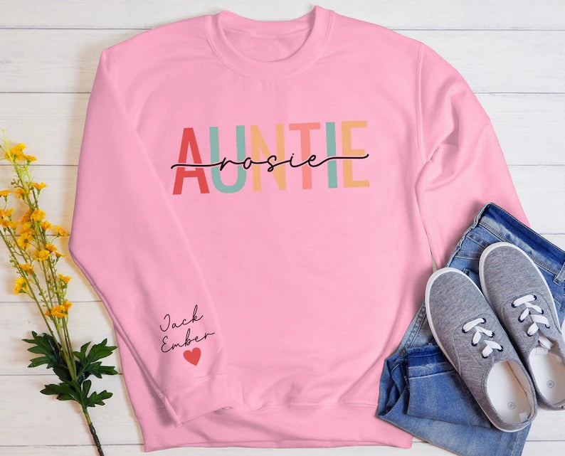 Custom Aunt Name Sweatshirt, Personalised Kid Name On Sleeve Sweater, Beautiful Printed Heart Family Jumper, Cool Aunt Outfit, Gift For Aunt