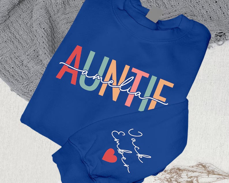 Custom Aunt Name Sweatshirt, Personalised Kid Name On Sleeve Sweater, Beautiful Printed Heart Family Jumper, Cool Aunt Outfit, Gift For Aunt