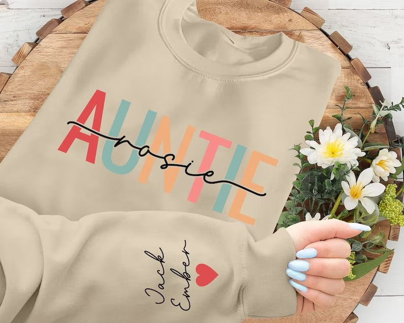 Custom Aunt Name Sweatshirt, Personalised Kid Name On Sleeve Sweater, Beautiful Printed Heart Family Jumper, Cool Aunt Outfit, Gift For Aunt