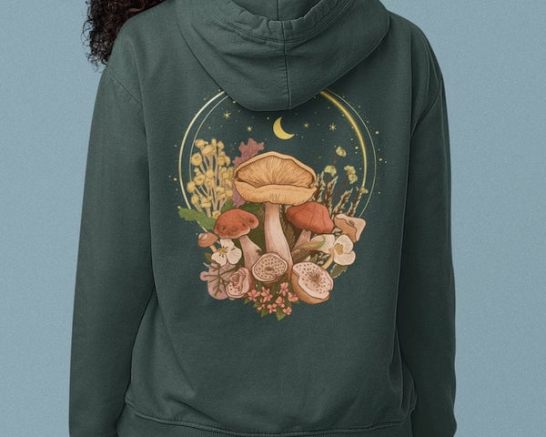 Mushroom Cottagecore Hoodie, Aesthetic Magic Mushroom Wildflower Back Print Unisex Hoody, Botanical Plant Nature Clothing Mushroom Lover Top