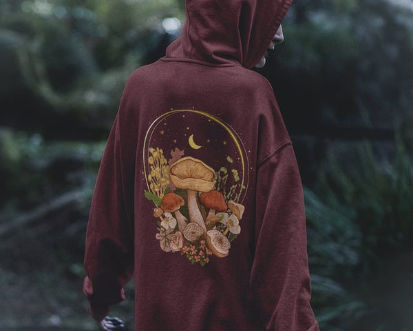 Mushroom Cottagecore Hoodie, Aesthetic Magic Mushroom Wildflower Back Print Unisex Hoody, Botanical Plant Nature Clothing Mushroom Lover Top