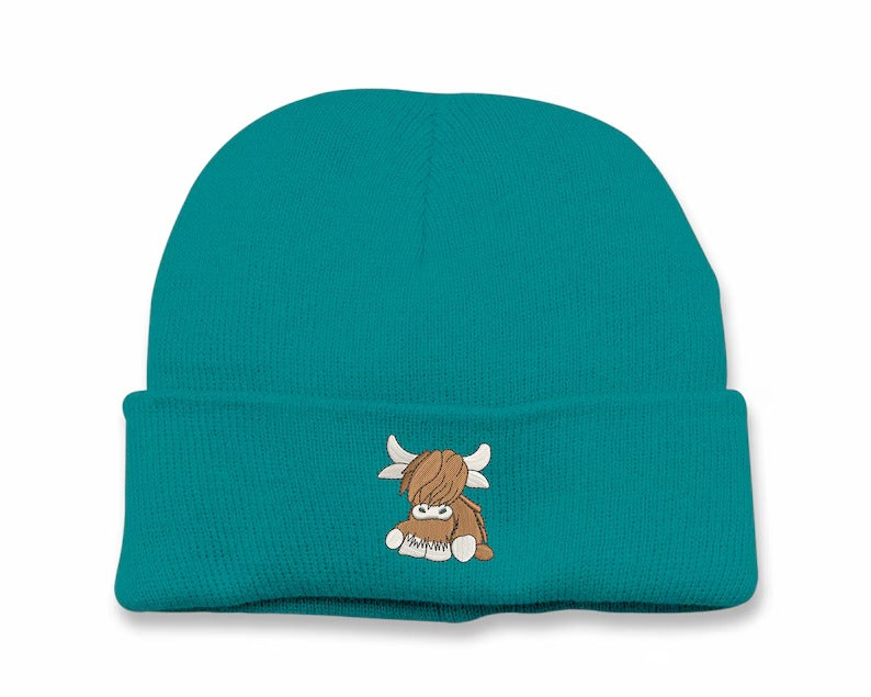 Embroidered Cute Scottish Cow Beanie, Comfort Colors Highland Cow Beanie Caps, Winter Hats, Double Layered Beanies, Cute Animal Lover Gifts